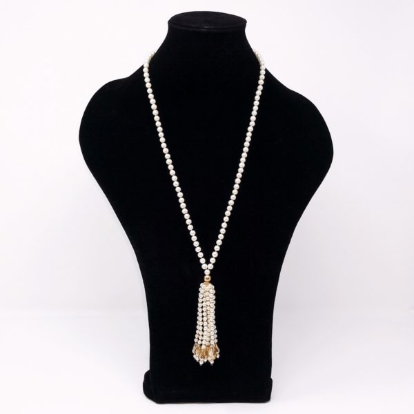 Gold Crystal and Cream Pearl Tassel Necklace by HMJServices