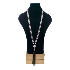 Silver Glam Pearl Necklace with Brown Silk Tassels