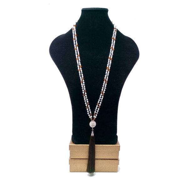 Silver Glam Pearl Necklace with Brown Silk Tassels