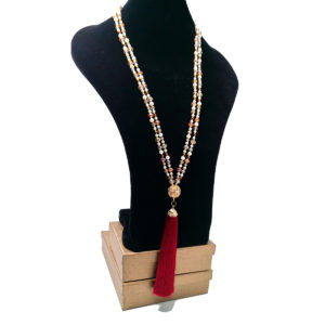 Gold Glam Pearl Necklace with Red Silk Tassels by HMJServices