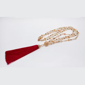 Gold Glam Pearl Necklace with Red Silk Tassels by HMJServices
